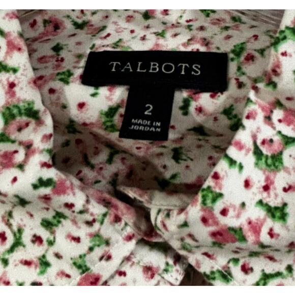 Talbots floral blouse cottage core cotton stretch beige pink green preppy sz 2 - Picture 2 of 7